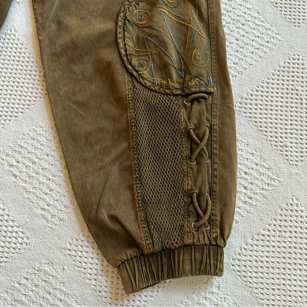Y2K Gorpcore Utility Pants-Embroidered Patchwork Mesh Pockets-Earthy Brown-M - Picture 6 of 12